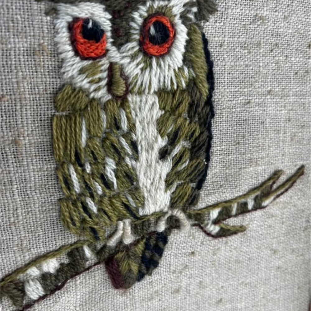 Vintage Handcrafted Crewel Owl Wall Art - Orange & Green - Picture 5 of 5